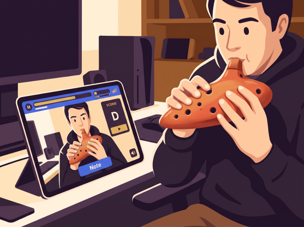 A player practices ocarina with Potato Flute on a screen, where the game displays their live view and finger tracking.