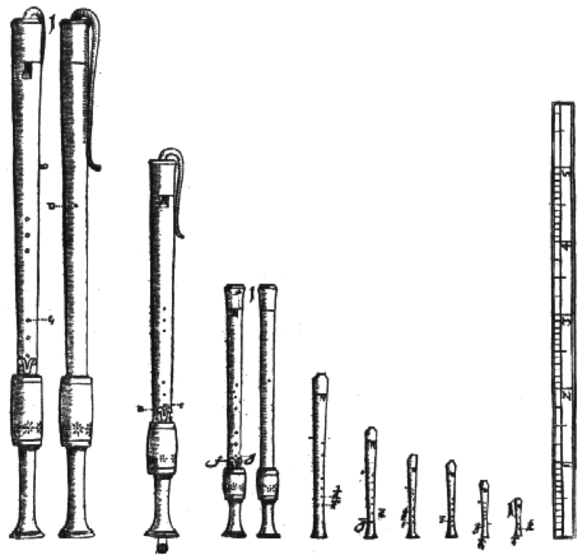 An old engraving of recorders in many sizes, from very large to tiny